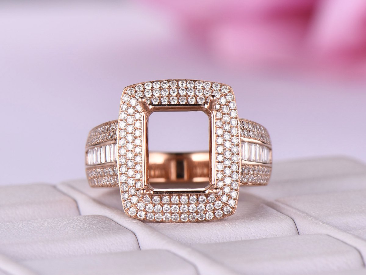 Engagement Ring Emerald Cut Halo Diamond Rose Gold 10k-14K-18K Rose Gold Unique Rings Emerald Cut Halo offers Diamond Ring for Women Promise Ring,