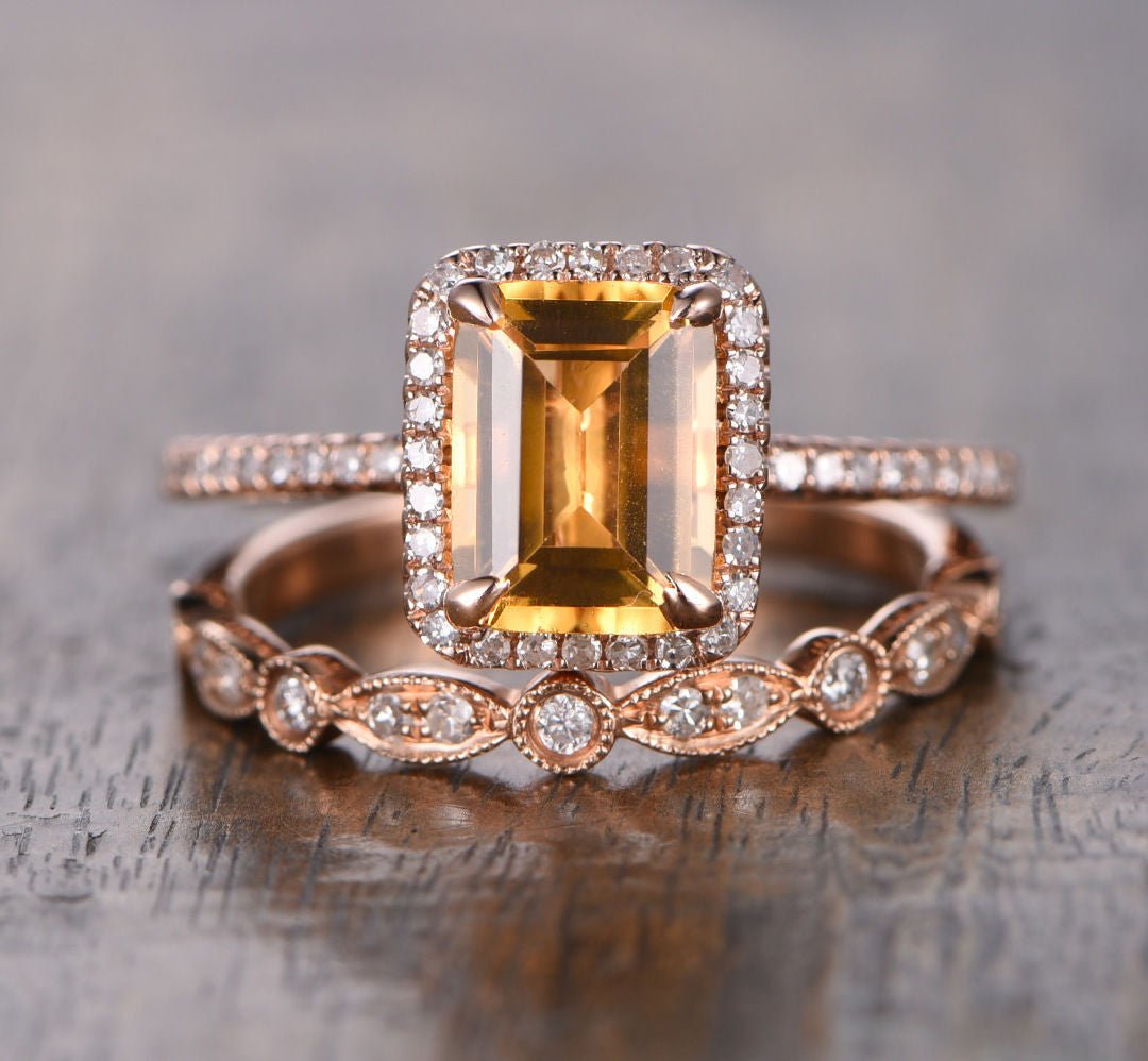 Hexagon Cut Citrine Bridal Set, Unique Twist Band Citrine Engagement Ring Set Vintage Rose Gold Twig Branch Wedding Set Promise 2024 Ring for Her