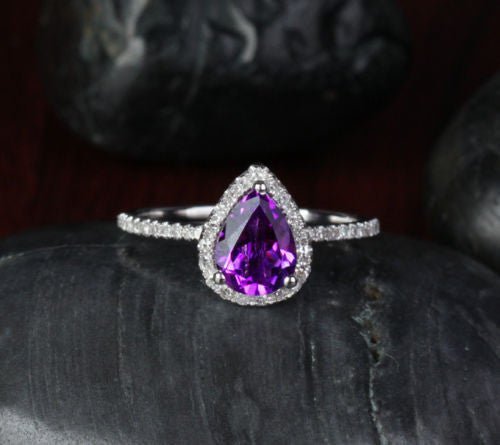 Pear amethyst halo engagement ring, amethyst ring, 14k gold ring, purple gemstone selling rings, pear shape engagement ring, pear amethyst, amethyst