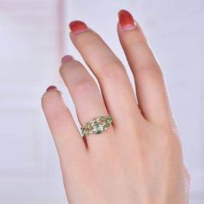 Round Natural Moss Agate Bridal Set Emerald Vine Ring,  14K Gold/Silver