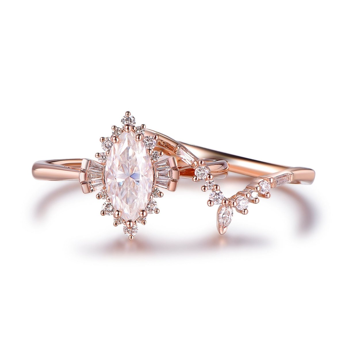 1.1ct Marquise Moissanite Engagement Contour Bridal Set 14K Rose Gold - Lord of Gem Rings