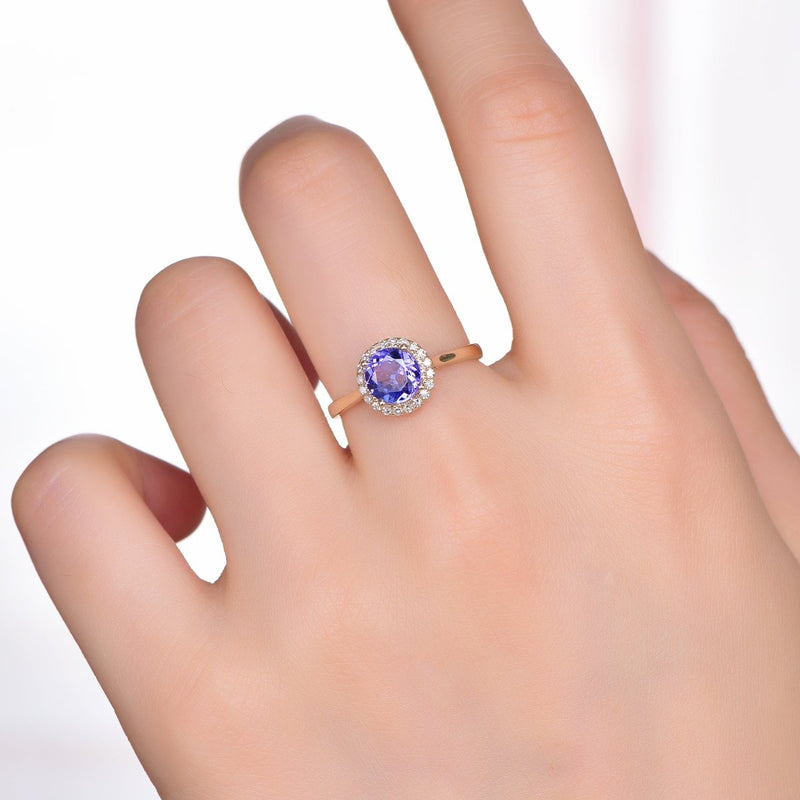 1.1ct Round Tanzanite Diamond Halo Engagement Ring 14K Gold | LOGR