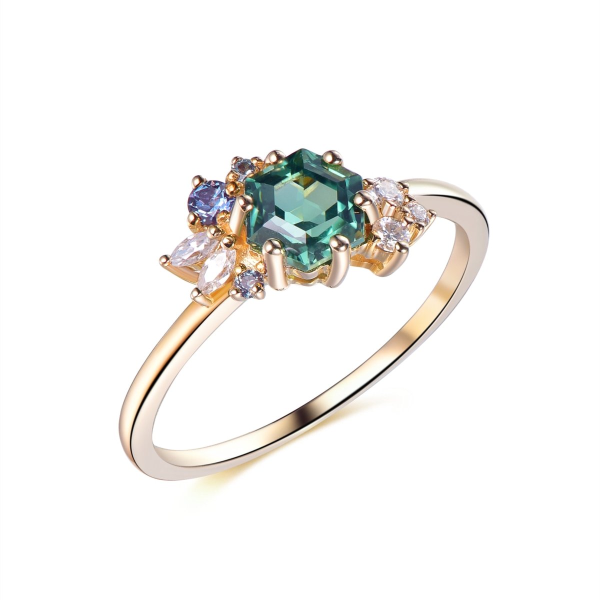 1.2ct Hexagon Emerald Moissanite Alexandrite Engagement Ring 14K Gold / Silver - Lord of Gem Rings