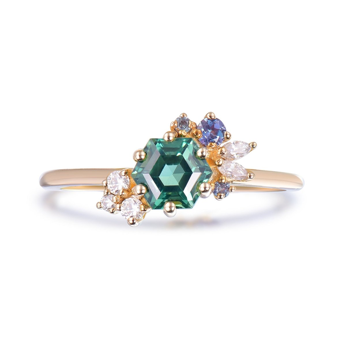 1.2ct Hexagon Emerald Moissanite Alexandrite Engagement Ring 14K Gold / Silver - Lord of Gem Rings