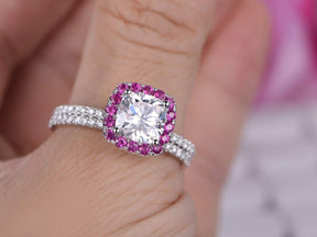 2.6ct Cushion Moissanite Engagement Ruby Halo Bridal Set - Lord of Gem Rings