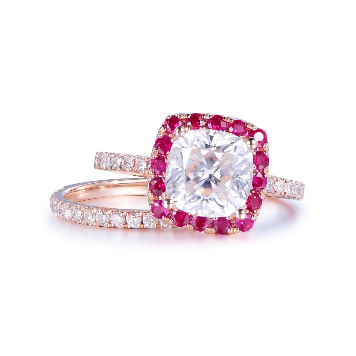 2.6ct Cushion Moissanite Engagement Ruby Halo Bridal Set - Lord of Gem Rings