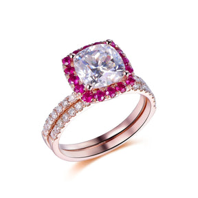 2.6ct Cushion Moissanite Engagement Ruby Halo Bridal Set - Lord of Gem Rings