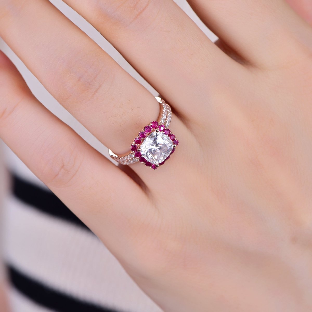 2.6ct Cushion Moissanite Engagement Ruby Halo Bridal Set - Lord of Gem Rings