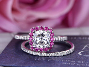 2.6ct Cushion Moissanite Engagement Ruby Halo Bridal Set - Lord of Gem Rings