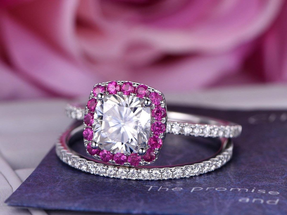 2.6ct Cushion Moissanite Engagement Ruby Halo Bridal Set - Lord of Gem Rings