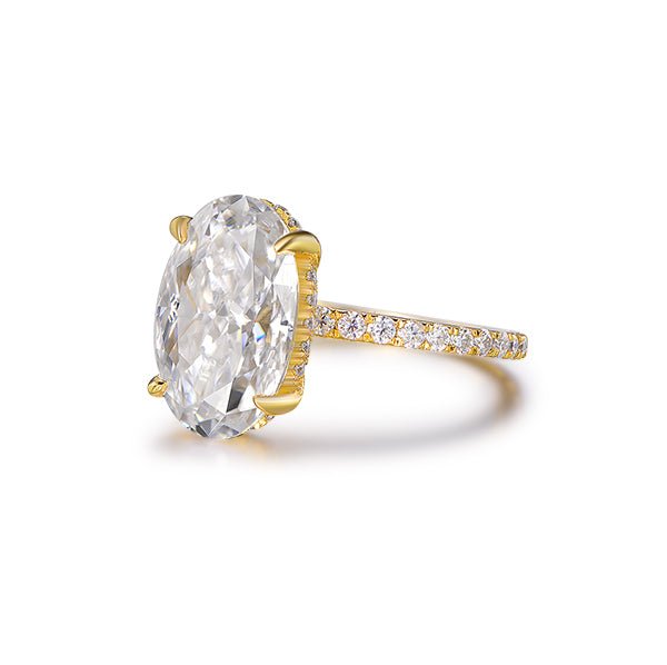 4ct Elongated Oval Crushed Ice Cut Moissanite Diamond Hidden Halo Engagement Ring 14K Yellow Gold - Lord of Gem Rings