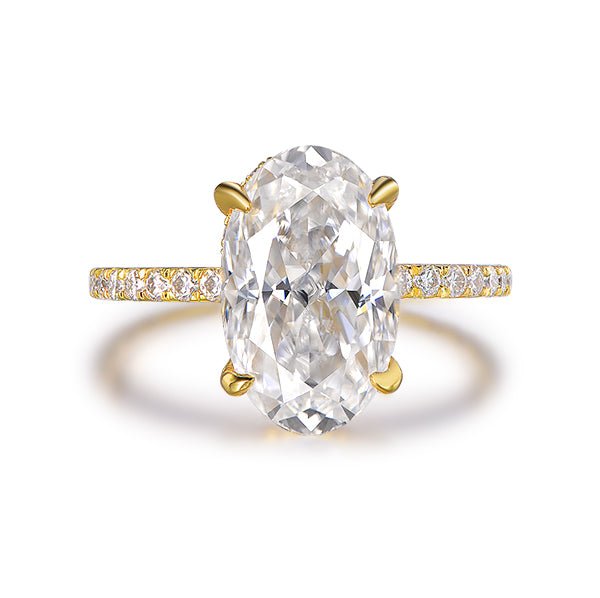 4ct Elongated Oval Crushed Ice Cut Moissanite Diamond Hidden Halo Engagement Ring 14K Yellow Gold - Lord of Gem Rings