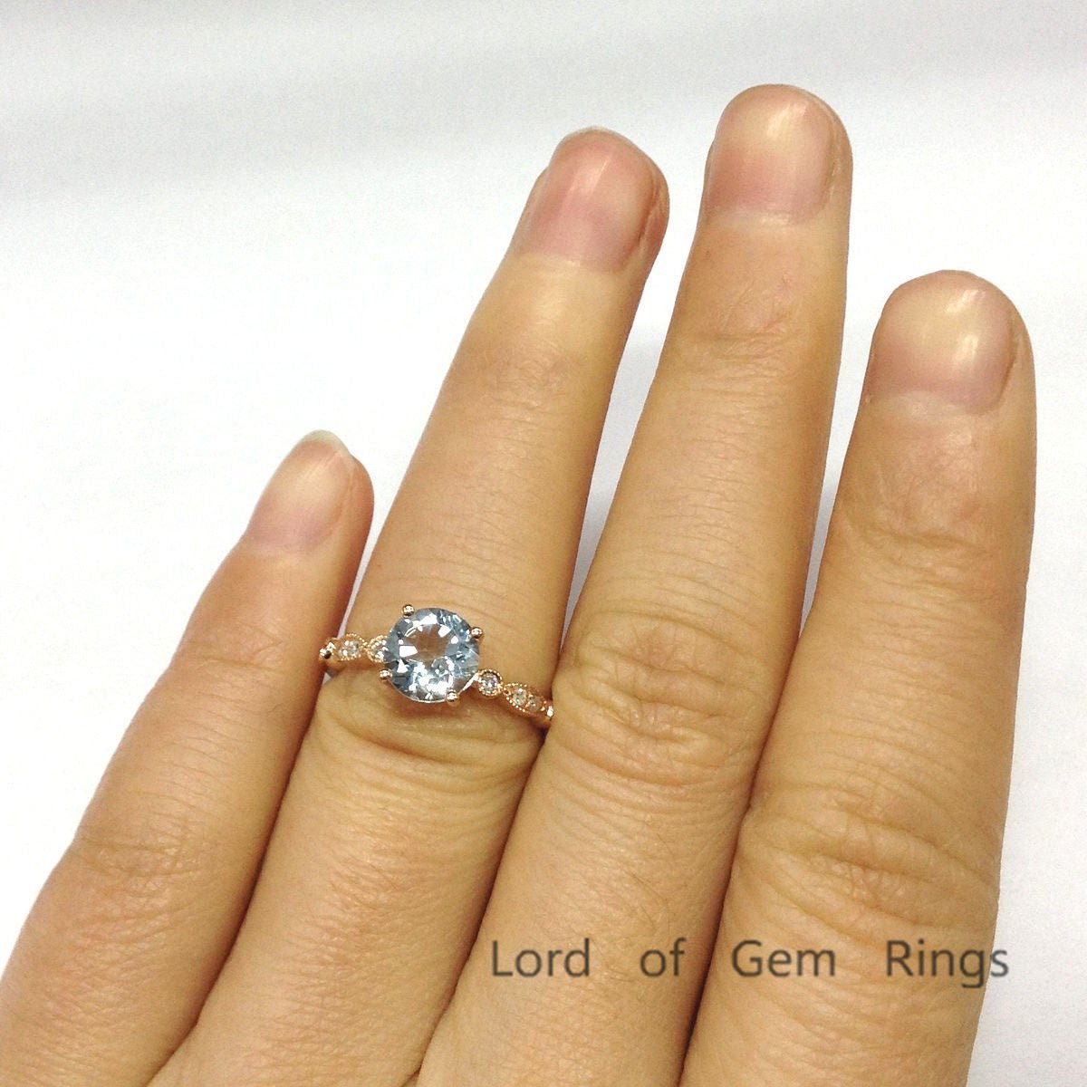 Art Deco Antique Round Aquamarine Diamond Engagement Ring - Lord of Gem Rings