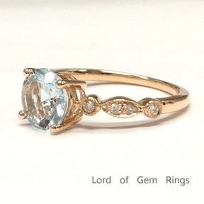 Art Deco Antique Round Aquamarine Diamond Engagement Ring - Lord of Gem Rings