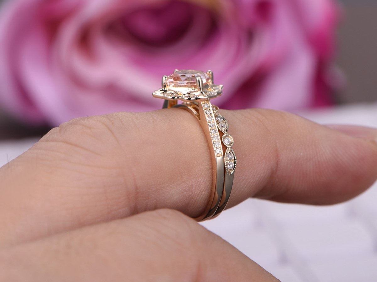 Art Deco Cushion Morganite Floral Bridal Set 14K Yellow Gold - Lord of Gem Rings