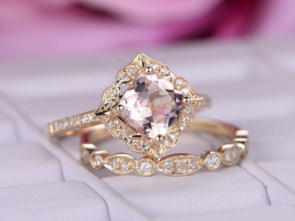 Cushion Morganite Engagement Ring Sets Pave Diamond 14K Yellow Gold