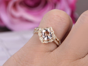 Art Deco Cushion Morganite Floral Bridal Set 14K Yellow Gold - Lord of Gem Rings