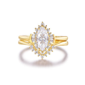 Art Deco Marquise Moissanite & Diamond Bridal Set 14K Yellow Gold - Lord of Gem Rings