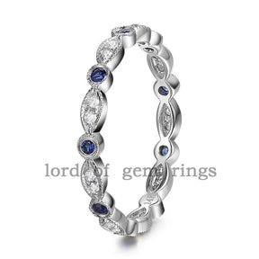 Art Deco Milgrain Natural Sapphire Diamond September Birthstone Band - Lord of Gem Rings