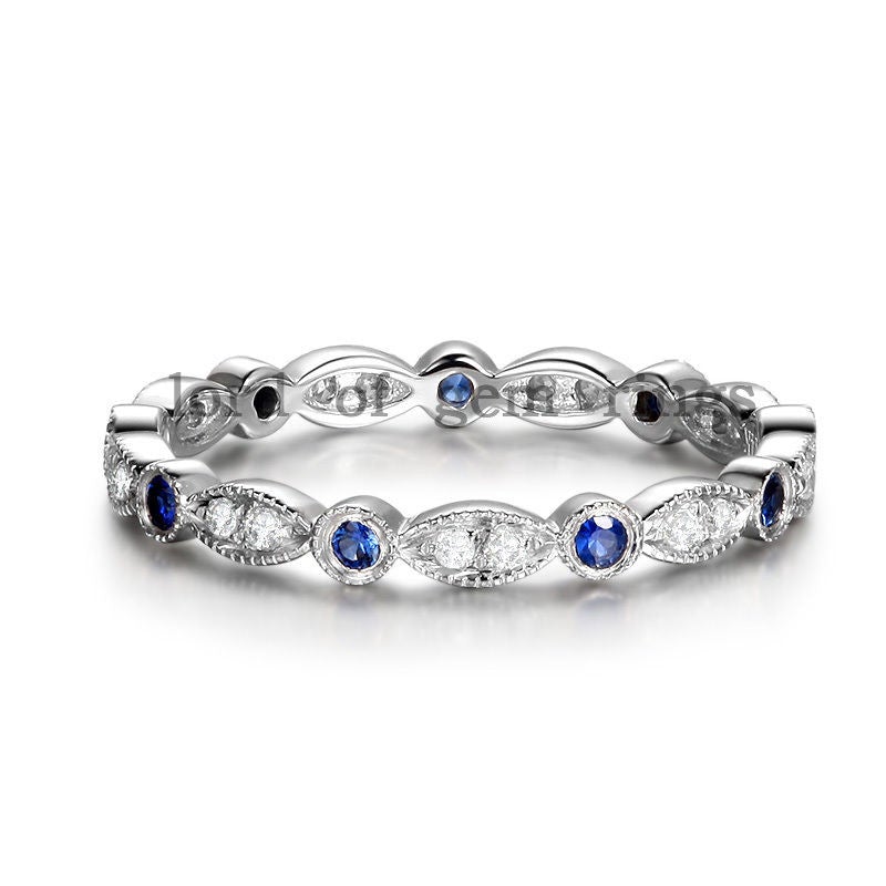 Art Deco Milgrain Natural Sapphire Diamond September Birthstone Band - Lord of Gem Rings