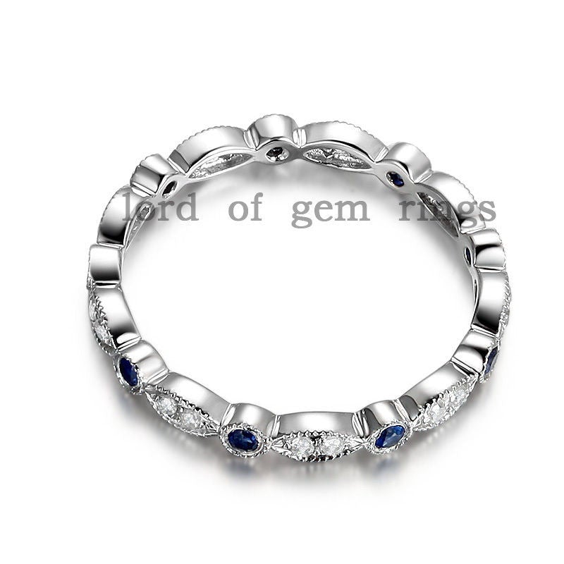 Art Deco Milgrain Natural Sapphire Diamond September Birthstone Band - Lord of Gem Rings