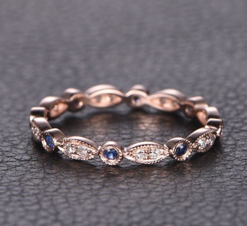 Art Deco Milgrain Natural Sapphire Diamond September Birthstone Band - Lord of Gem Rings