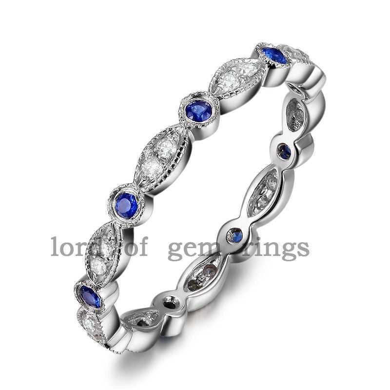 Art Deco Milgrain Natural Sapphire Diamond September Birthstone Band - Lord of Gem Rings