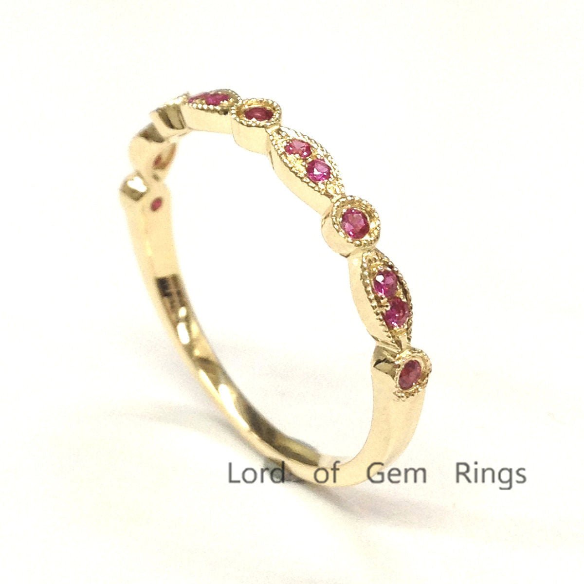 Art Deco Milgrain Red Ruby July Birthstone Band - Lord of Gem Rings