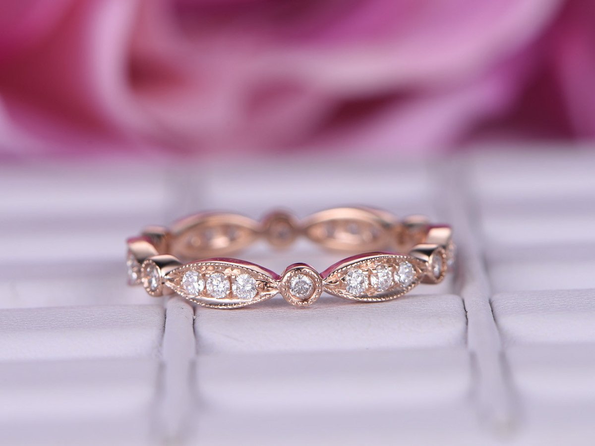 Art Deco Moissanite Eternity Wedding Band 14K Rose Gold - Lord of Gem Rings