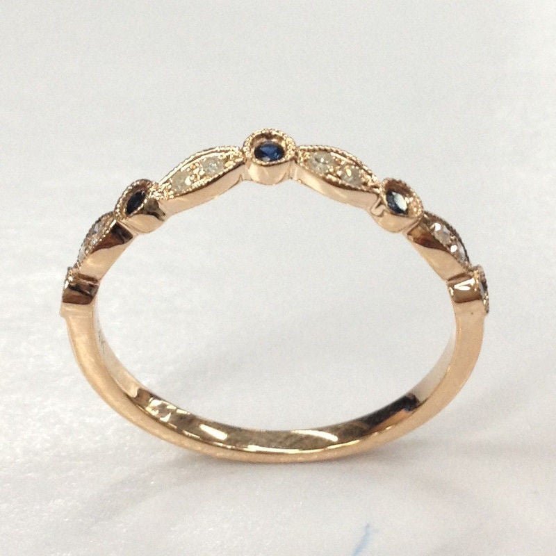 Art Deco Natural Sapphire Diamond Curved September Birthstone Band - Lord of Gem Rings