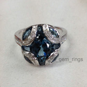 Art Deco Oval London Blue Topaz Diamond Engagement Ring - Lord of Gem Rings