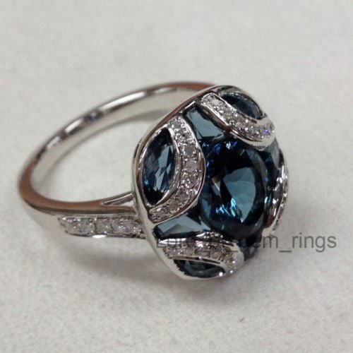 Art Deco Oval London Blue Topaz Diamond Engagement Ring - Lord of Gem Rings