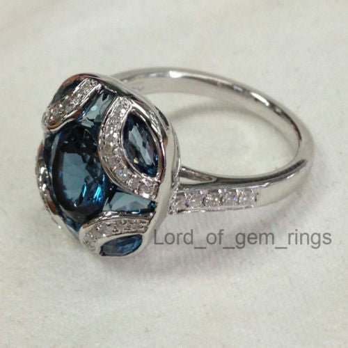 Art Deco Oval London Blue Topaz Diamond Engagement Ring - Lord of Gem Rings