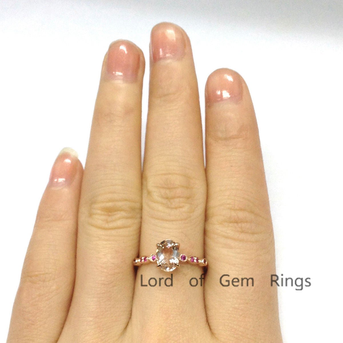 Art Deco Oval Morganite Ring Ruby Accents 14K Rose Gold - Lord of Gem Rings