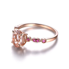 Art Deco Oval Morganite Ring Ruby Accents 14K Rose Gold - Lord of Gem Rings