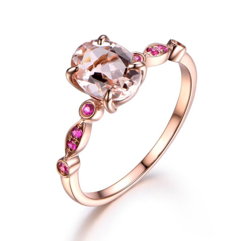 Art Deco Oval Morganite Ring Ruby Accents 14K Rose Gold - Lord of Gem Rings