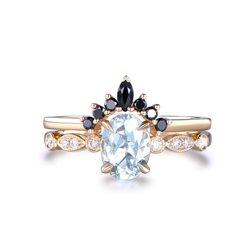 Art Deco Oval White Topaz Black Diamond Tiara Bridal Set 14K Yellow Gold - Lord of Gem Rings