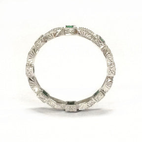 Art Deco Princess Emerald Diamond May Birthstone Band with Milgrain - Lord of Gem Rings