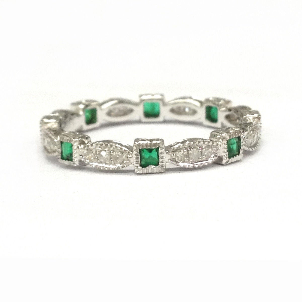 Art Deco Princess Emerald Diamond May Birthstone Band with Milgrain - Lord of Gem Rings