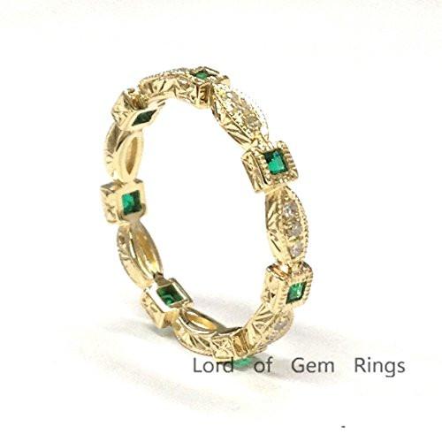 Art Deco Princess Emerald Diamond May Birthstone Band with Milgrain - Lord of Gem Rings