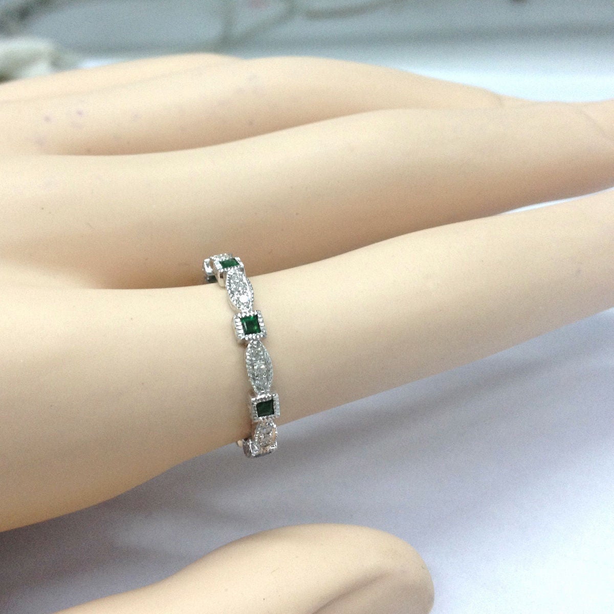 Art Deco Princess Emerald Diamond May Birthstone Band with Milgrain - Lord of Gem Rings