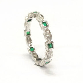 Art Deco Princess Emerald Diamond May Birthstone Band with Milgrain - Lord of Gem Rings