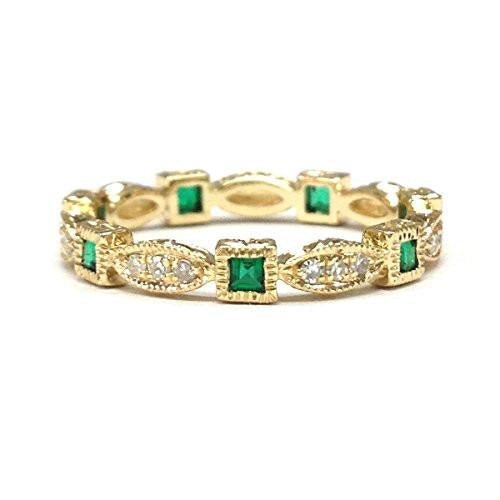 Art Deco Princess Emerald Diamond May Birthstone Band with Milgrain - Lord of Gem Rings