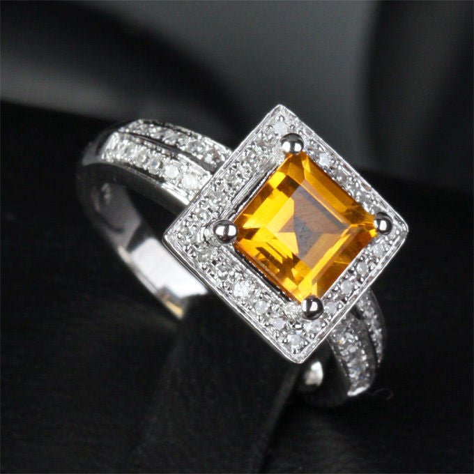 Asscher Citrine Halo Ring with Double Row Diamond Shank - Lord of Gem Rings