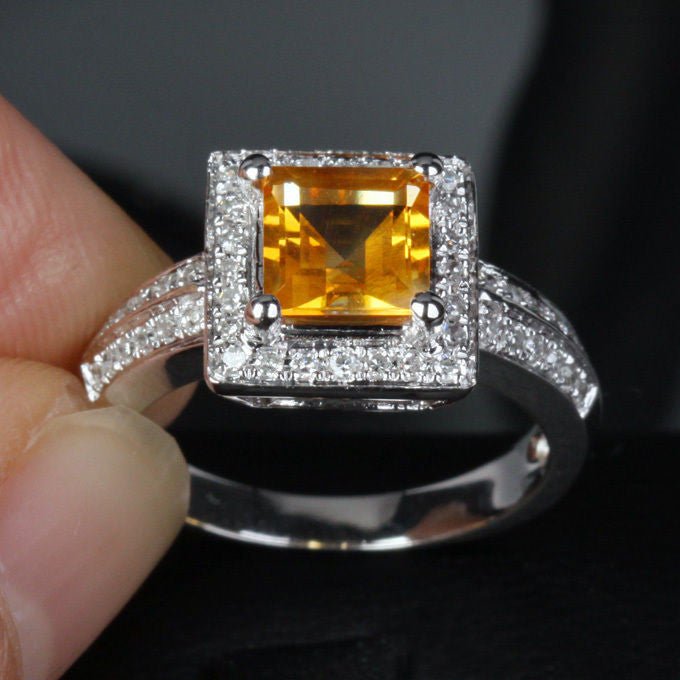 Asscher Citrine Halo Ring with Double Row Diamond Shank - Lord of Gem Rings