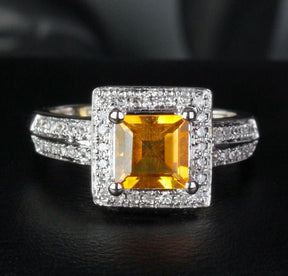 Asscher Citrine Halo Ring with Double Row Diamond Shank - Lord of Gem Rings