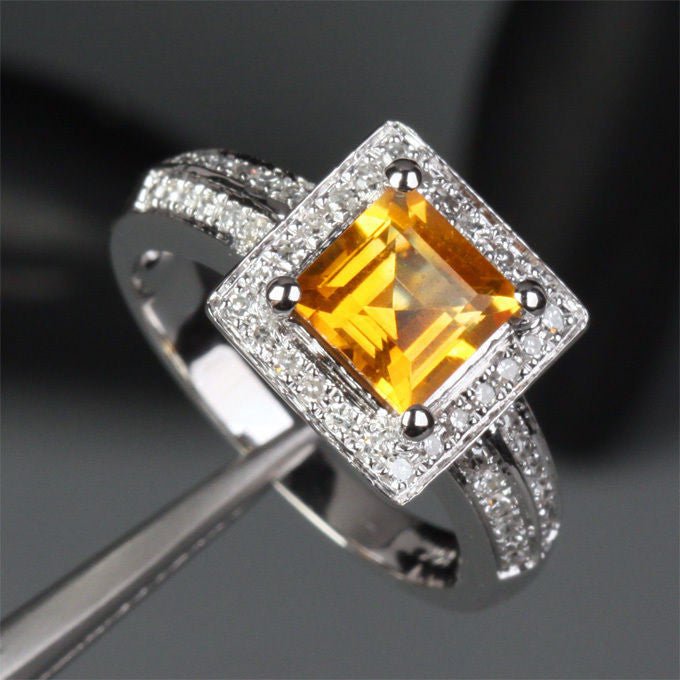 Asscher Citrine Halo Ring with Double Row Diamond Shank - Lord of Gem Rings