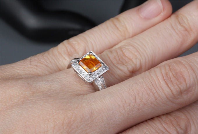 Asscher Citrine Halo Ring with Double Row Diamond Shank - Lord of Gem Rings