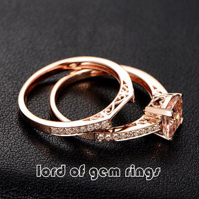 Asscher cut Morganite Wedding Ring Set Contour Diamond Band 14K Rose Gold - Lord of Gem Rings