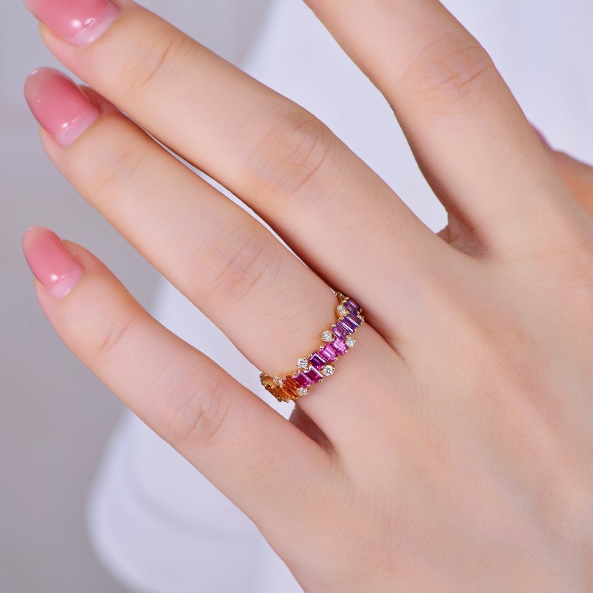 Baguette Rainbow Sapphire September Birthstone Band Woman Ring - Lord of Gem Rings